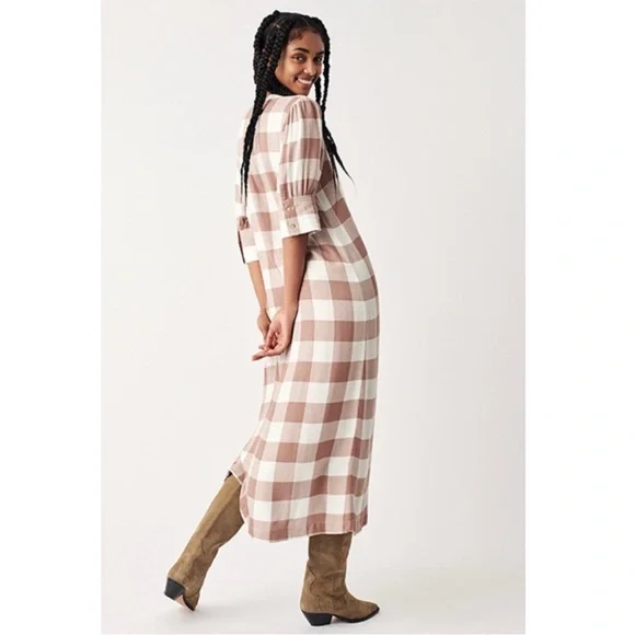 VGUC Faherty Helena dress buffalo check brown white button up pockets Small - Picture 2 of 12